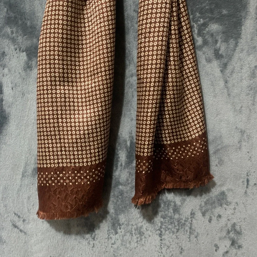 Scarf Mens Silk Wool Double Sided Brown Geometric Medallion Italy Quiet Luxury